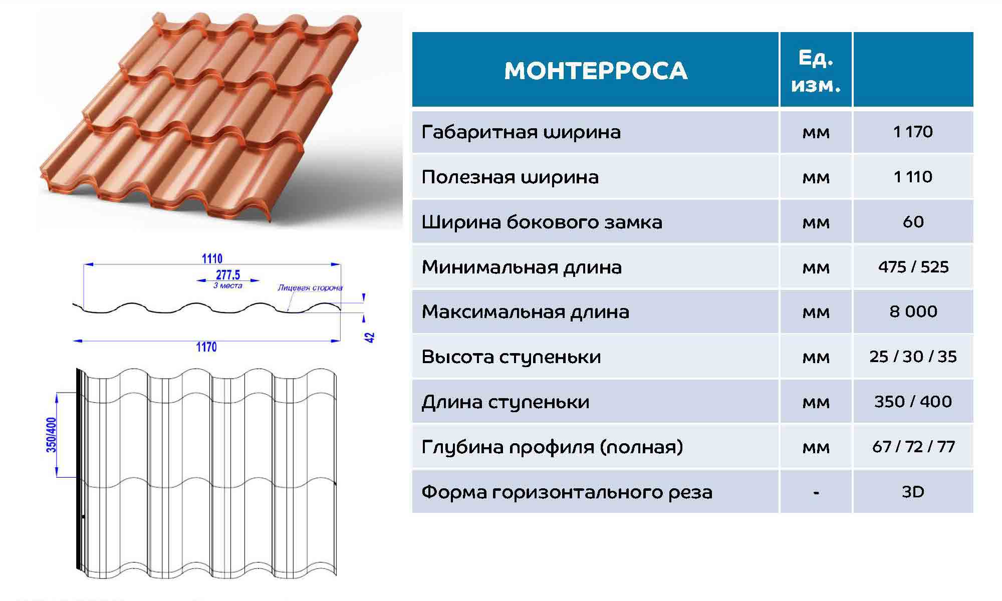 Металлочерепица МП Монтерроса-XL NormanMP (ПЭ-01-1015-0.5) в Дубне